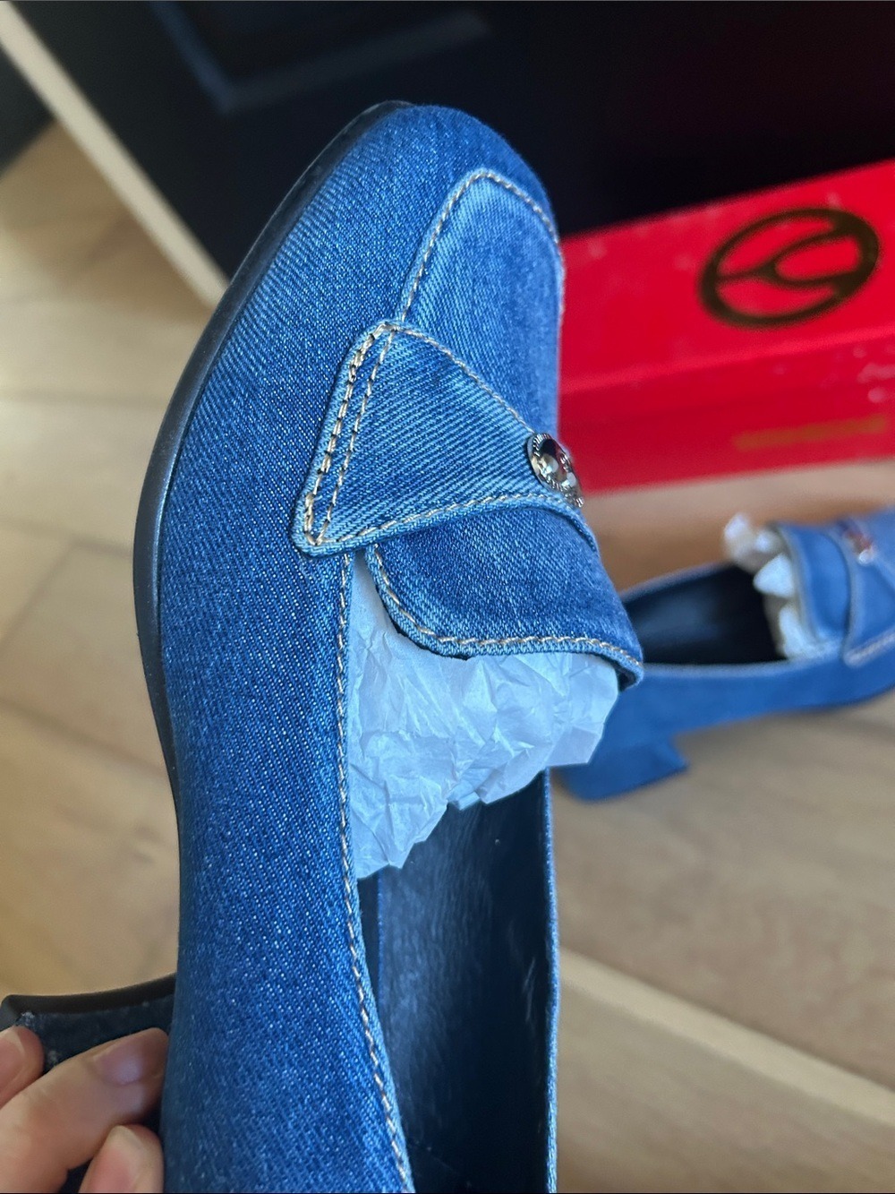 Wishbone Denim Block Heel Loafers - Picture 6 of 7